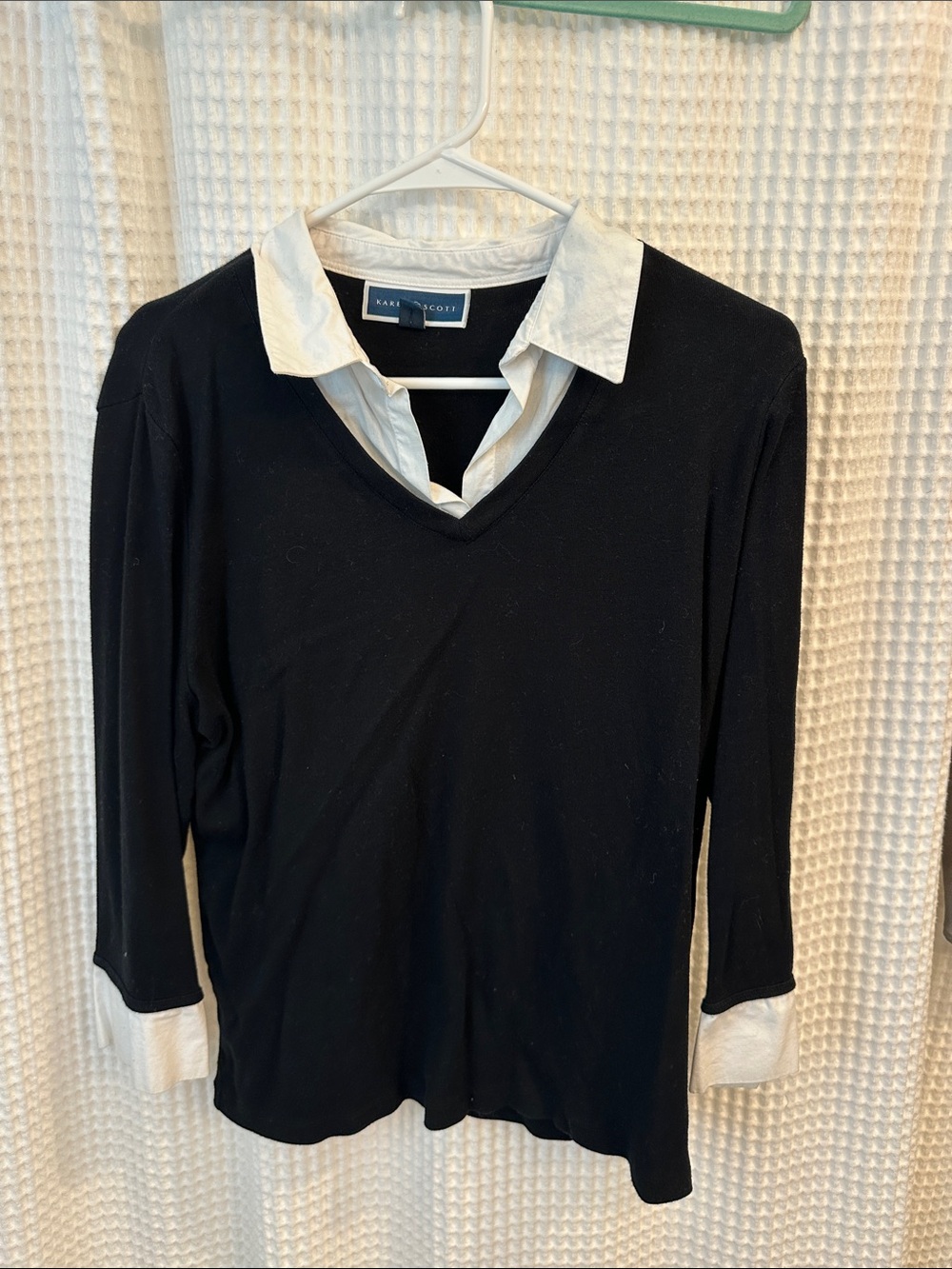 Karen Scott Black V-Neck Layered-Look Top with White Collar and Cuffs